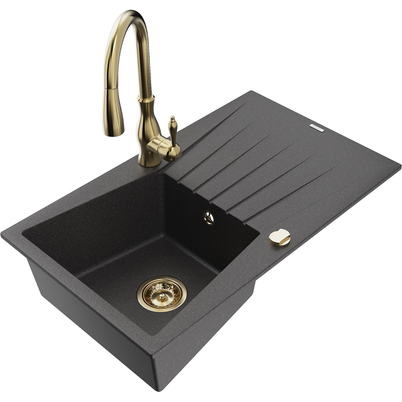 Mexen Cesar fregadero de granito de 1 seno con escurridor y grifo de cocina Savita, negro moteado - 6514-76-672601-50