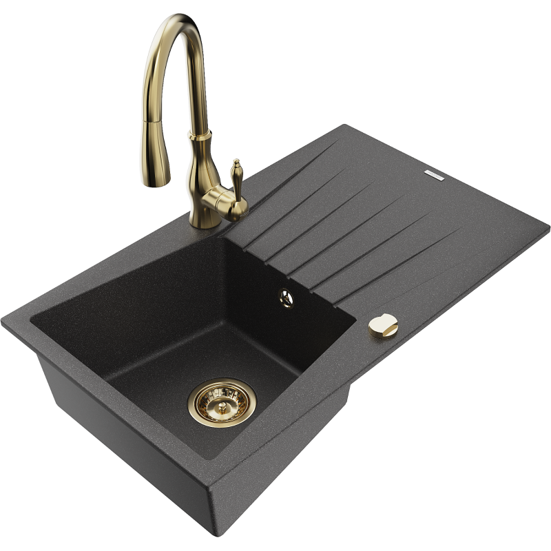 Mexen Cesar granit izlietne ar vienu nodalījumu, ar notecētavu un virtuves jaucējkrānu Savita, melns ar punktiem