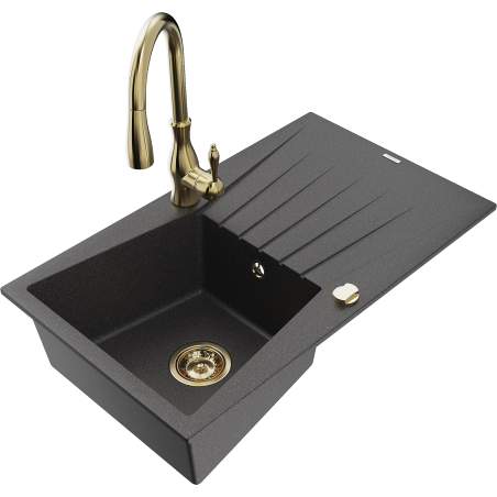 Mexen Cesar fregadero de granito de 1 seno con escurridor y grifo de cocina Savita, negro moteado - 6514-76-672601-50