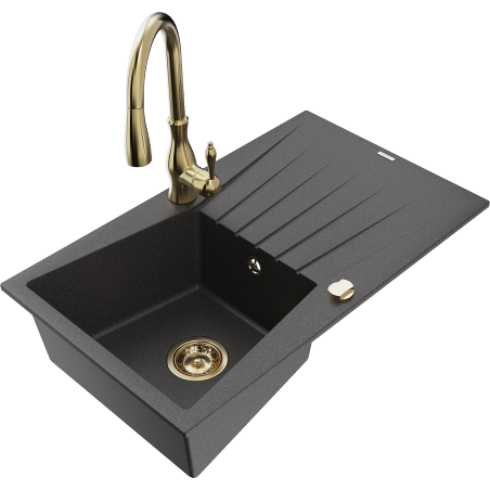 Mexen Cesar granite sink 1-bowl with drainer and Savita kitchen tap, speckled black - 6514-76-672601-50