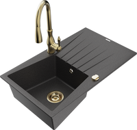 Mexen Cesar single-bowl granite sink with drainer and Savita kitchen faucet, black speckled - 6514-76-672601-50
