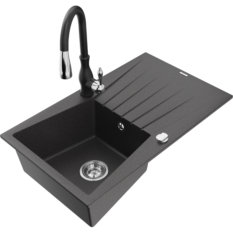 Mexen Cesar fregadero de granito de 1 compartimento con escurridor y grifo de cocina Savita, negro moteado - 6514-76-672601-70