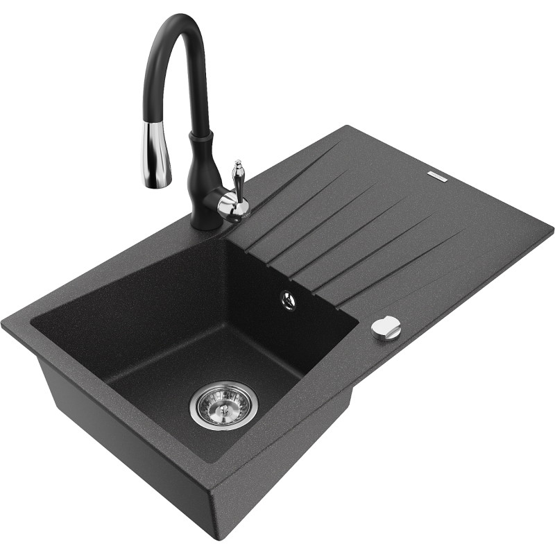 Mexen Cesar fregadero de granito de 1 seno con escurridor y grifo de cocina Savita, negro moteado - 6514-76-672601-70