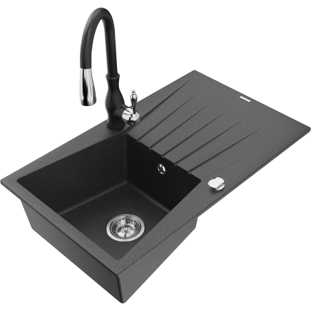 Mexen Cesar fregadero de granito de 1 compartimento con escurridor y grifo de cocina Savita, negro moteado - 6514-76-672601-70