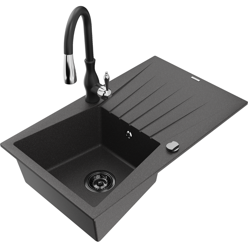 Mexen Cesar granite sink 1-bowl with drainer and Savita kitchen tap, speckled black - 6514-76-672601-70-B