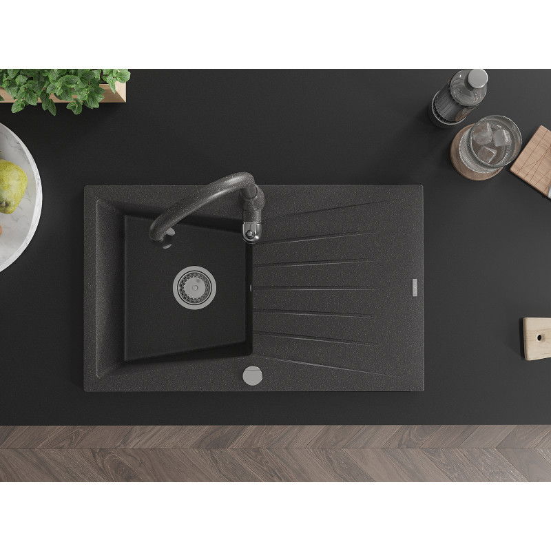 Mexen Cesar granite sink 1-bowl with drainer and Savita kitchen tap, black speckled - 6514-76-672601-76