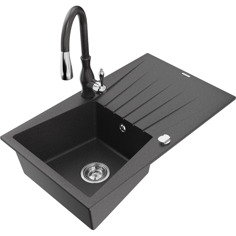 Mexen Cesar fregadero de granito de 1 seno con escurridor y grifo de cocina Savita, negro moteado - 6514-76-672601-76