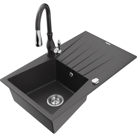 Mexen Cesar fregadero de granito de 1 seno con escurridor y grifo de cocina Savita, negro moteado - 6514-76-672601-76