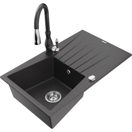 Mexen Cesar granite sink 1-bowl with drainer and Savita kitchen tap, black speckled - 6514-76-672601-76