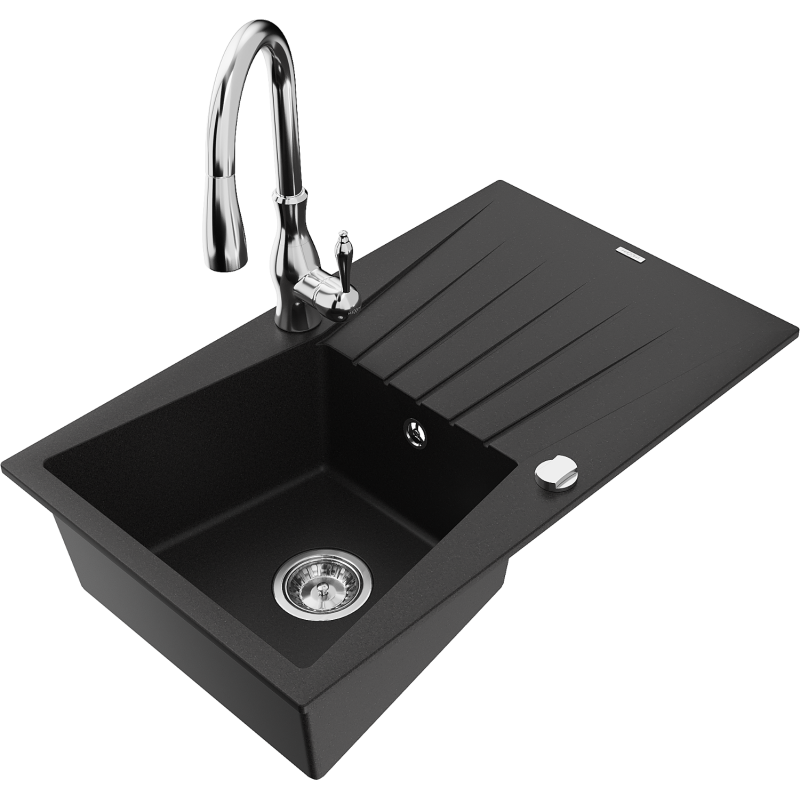 Mexen Cesar fregadero de granito de 1 cubeta con escurridor y grifo de cocina Savita, negro - 6514-77-672601-00