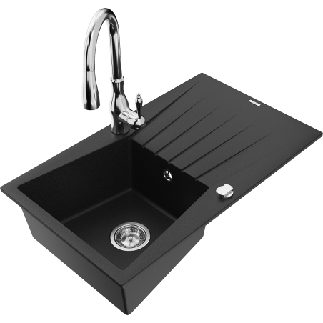 Mexen Cesar fregadero de granito de 1 cubeta con escurridor y grifo de cocina Savita, negro - 6514-77-672601-00