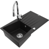 Mexen Cesar granite sink 1-bowl with drainer and Savita kitchen tap, black - 6514-77-672601-00