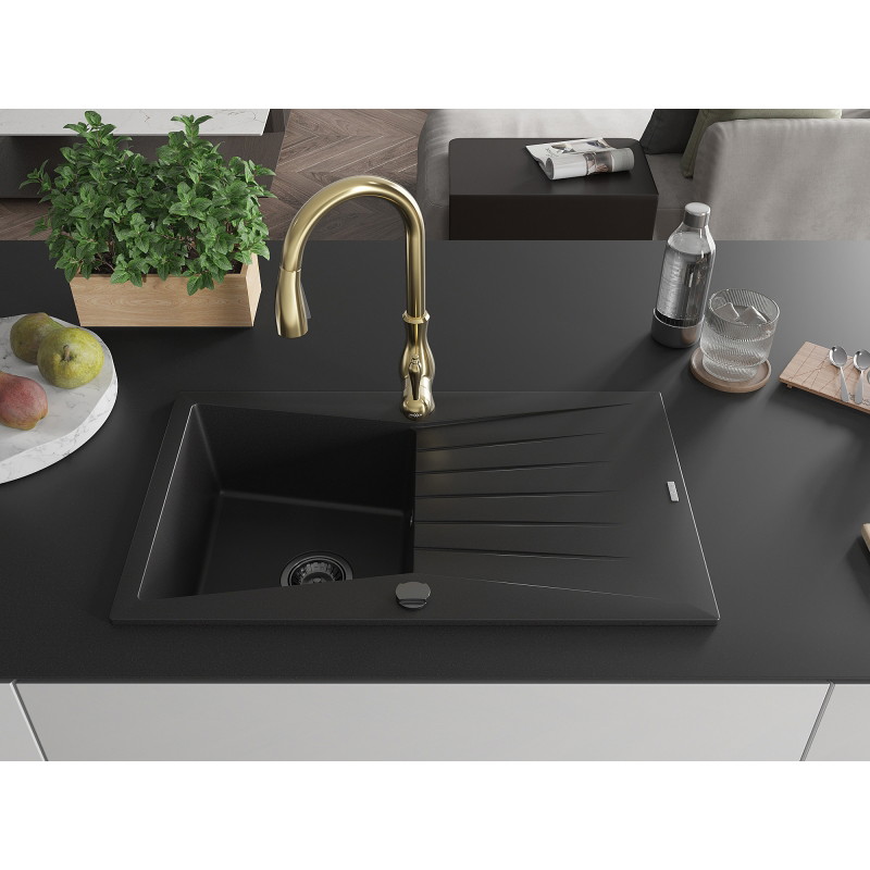 Mexen Cesar fregadero de granito de 1 cubeta con escurridor y grifo de cocina Savita, negro - 6514-77-672601-50-B