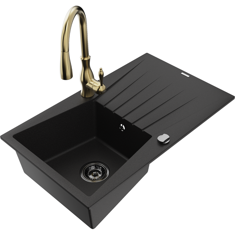 Mexen Cesar fregadero de granito de 1 seno con escurridor y grifo de cocina Savita, negro - 6514-77-672601-50-B