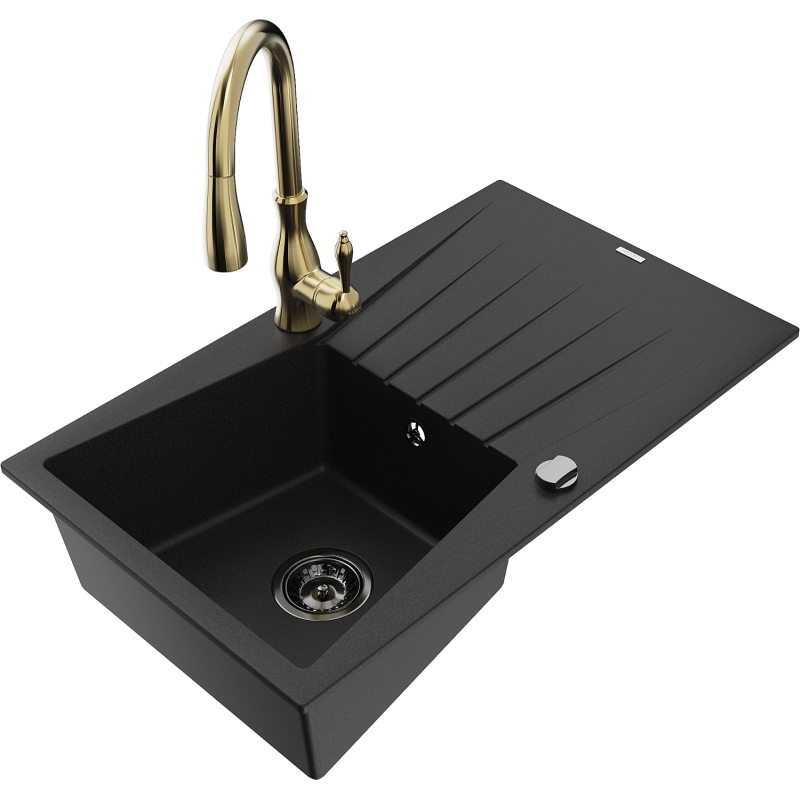 Mexen Cesar granite sink 1-bowl with drainer and Savita kitchen tap, black - 6514-77-672601-50-B