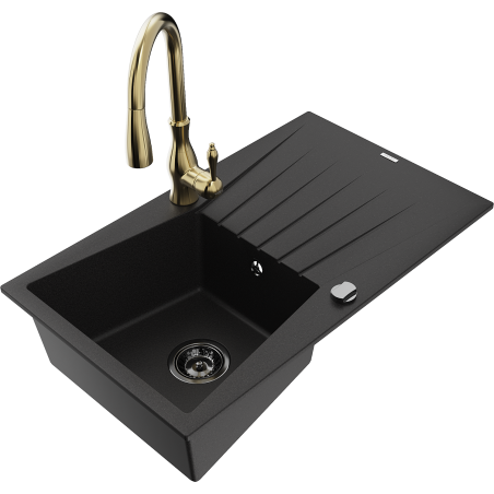 Mexen Cesar fregadero de granito de 1 cuenco con escurridor y grifo de cocina Savita, negro - 6514-77-672601-50-B