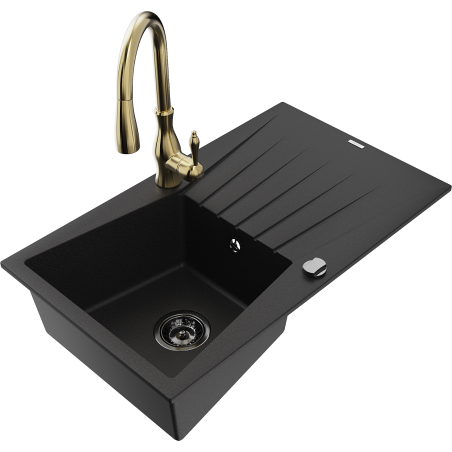 Mexen Cesar granīta izlietne ar vienu kameru un noteces plātni un virtuves jaucējkrānu Savita, melna - 6514-77-672601-50-B