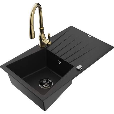 Mexen Cesar granite kitchen sink with 1 bowl, drainer, and Savita kitchen faucet, black - 6514-77-672601-50-B