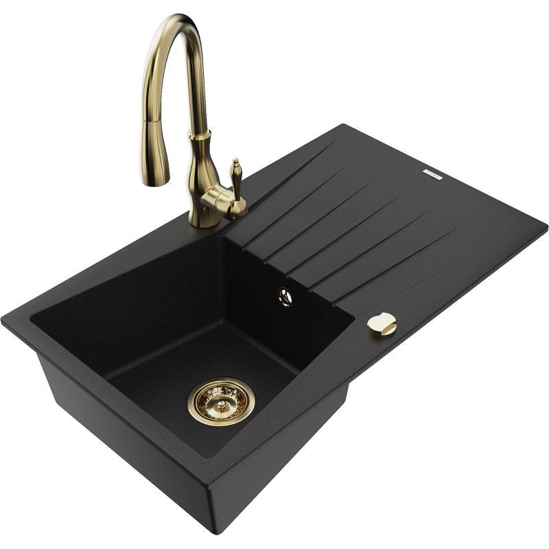 Mexen Cesar évier de cuisine en granit à 1 bac avec égouttoir et robinet de cuisine Savita, noir - 6514-77-672601-50