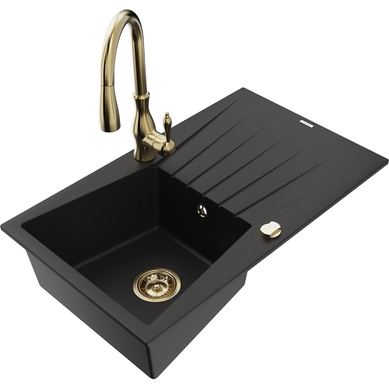 Mexen Cesar fregadero de granito de 1 cubeta con escurridor y grifo de cocina Savita, negro - 6514-77-672601-50