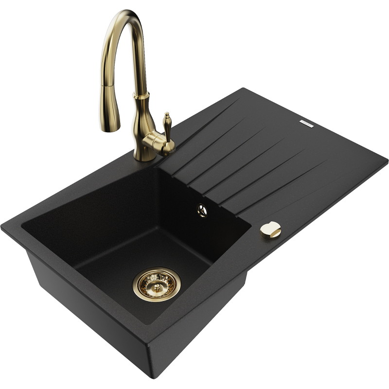 Mexen Cesar fregadero de granito de 1 seno con escurridor y grifo de cocina Savita, negro - 6514-77-672601-50
