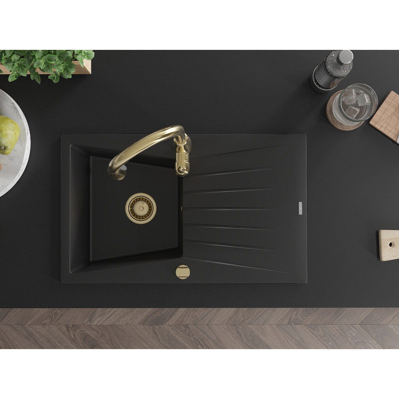 Mexen Cesar 1-bowl granite sink with drainer and Savita kitchen tap, black - 6514-77-672601-50