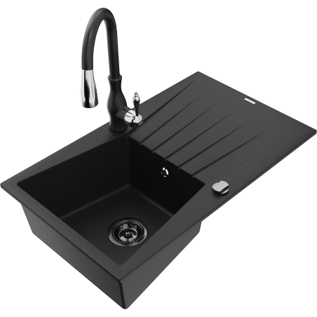 Mexen Cesar fregadero de granito de 1 cubeta con escurridor y grifo de cocina Savita, negro - 6514-77-672601-70-B
