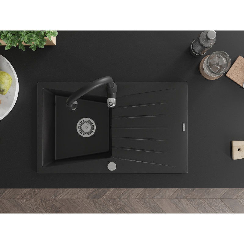 Mexen Cesar fregadero de granito de 1 seno con escurridor y grifo de cocina Savita, negro - 6514-77-672601-70