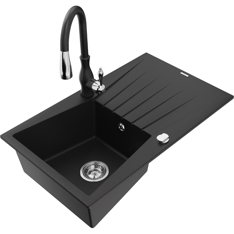 Mexen Cesar fregadero de granito de 1 seno con escurridor y grifo de cocina Savita, negro - 6514-77-672601-70