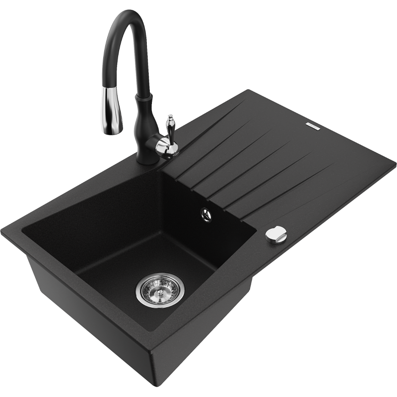 Mexen Cesar granite sink 1-bowl with drainer and Savita kitchen tap, black - 6514-77-672601-70