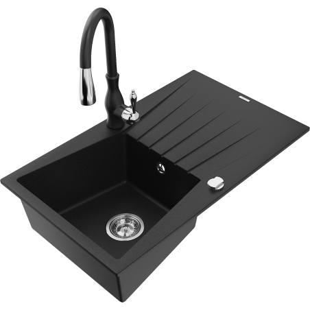 Mexen Cesar fregadero de granito de 1 cubeta con escurridor y grifo de cocina Savita, negro - 6514-77-672601-70