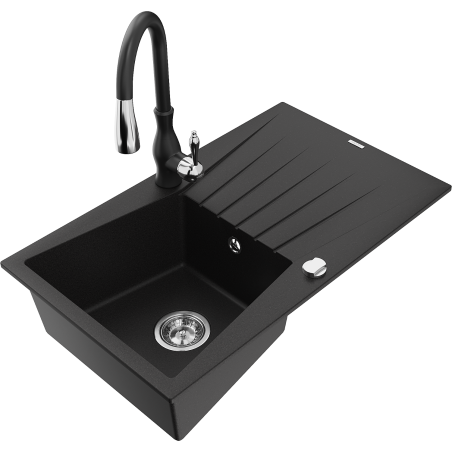 Mexen Cesar granite sink 1-bowl with drainer and Savita kitchen tap, black - 6514-77-672601-70