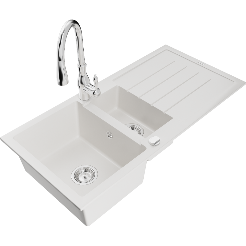 Mexen Andres fregadero de granito 1,5 tazones con escurridor y grifo de cocina Savita, blanco - 6515-20-672601-00