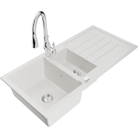 Mexen Andres fregadero de granito 1,5 tazones con escurridor y grifo de cocina Savita, blanco - 6515-20-672601-00