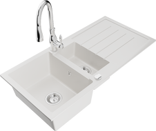 Mexen Andres granite sink 1.5-bowl with drainer and Savita kitchen tap, white - 6515-20-672601-00