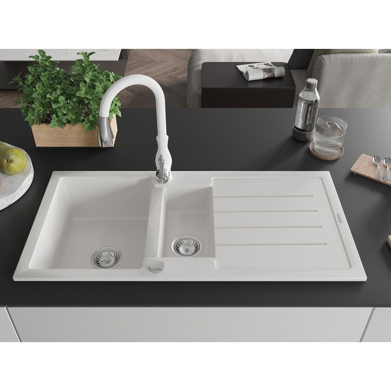 Mexen Andres fregadero de granito de 1,5 senos con escurridor y grifo de cocina Savita, blanco - 6515-20-672601-20