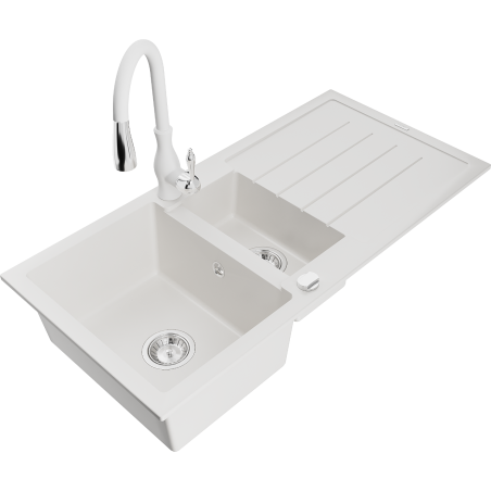 Mexen Andres évier de cuisine en granit 1,5 bac avec égouttoir et robinet de cuisine Savita, blanc - 6515-20-672601-20