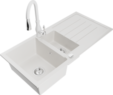 Mexen Andres granite sink 1.5-bowl with drainer and Savita kitchen faucet, white - 6515-20-672601-20
