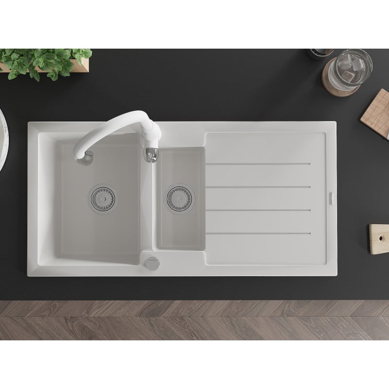 Mexen Andres Granitspüle 1,5-Becken mit Abtropffläche und Küchenarmatur Savita, weiß - 6515-20-672601-20