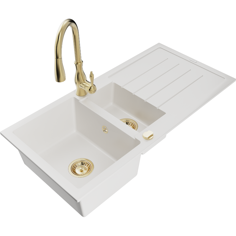 Mexen Andres fregadero de granito de 1,5 senos con escurridor y grifo de cocina Savita, blanco - 6515-20-672601-50