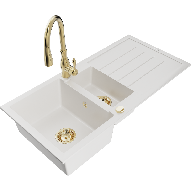 Mexen Andres lava-louça de granito 1,5 cubas com escorredor e torneira de cozinha Savita, branco - 6515-20-672601-50