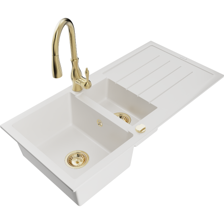 Mexen Andres fregadero de granito de 1,5 senos con escurridor y grifo de cocina Savita, blanco - 6515-20-672601-50