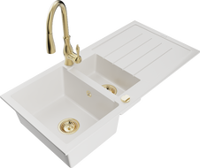 Mexen Andres fregadero de granito de 1,5 senos con escurridor y grifo de cocina Savita, blanco - 6515-20-672601-50