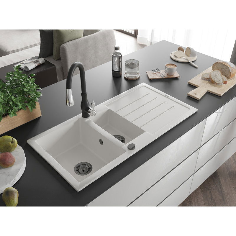 Mexen Andres granite sink 1.5-bowl with drainer and Savita kitchen tap, white - 6515-20-672601-70