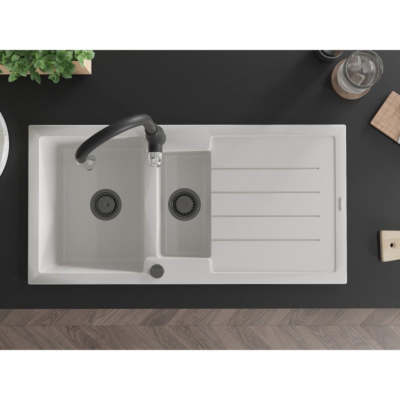 Mexen Andres lavello in granito 1,5 vasca con sgocciolatoio e rubinetto da cucina Savita, bianco - 6515-20-672601-70