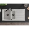 Mexen Andres granite sink 1.5-bowl with drainer and Savita kitchen tap, white - 6515-20-672601-70