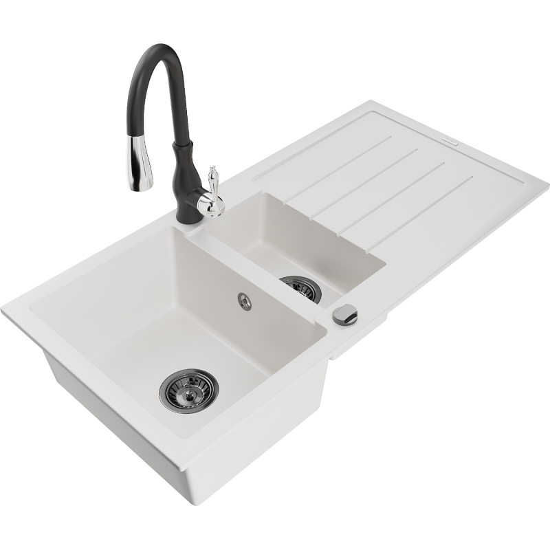 Mexen Andres granitdiskho med 1,5 fack och avloppsbricka och köksblandare Savita, vit - 6515-20-672601-70