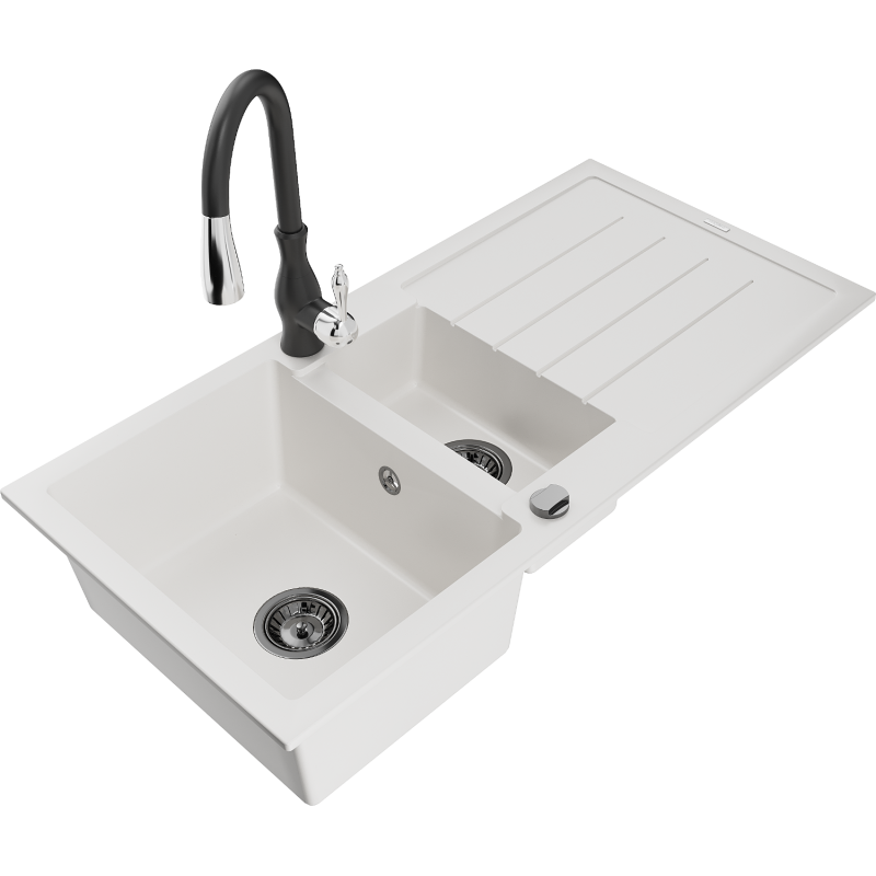 Mexen Andres lavello in granito 1,5 vasca con sgocciolatoio e rubinetto da cucina Savita, bianco - 6515-20-672601-70