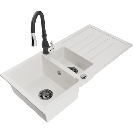 Mexen Andres granite sink 1.5-bowl with drainer and Savita kitchen tap, white - 6515-20-672601-70