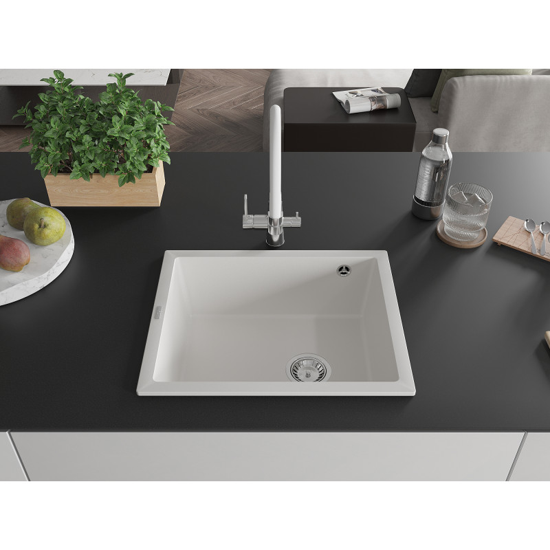 Mexen Pedro évier en granit 1 cuve 560 x 460 mm, blanc, siphon chromé - 6508561000-20